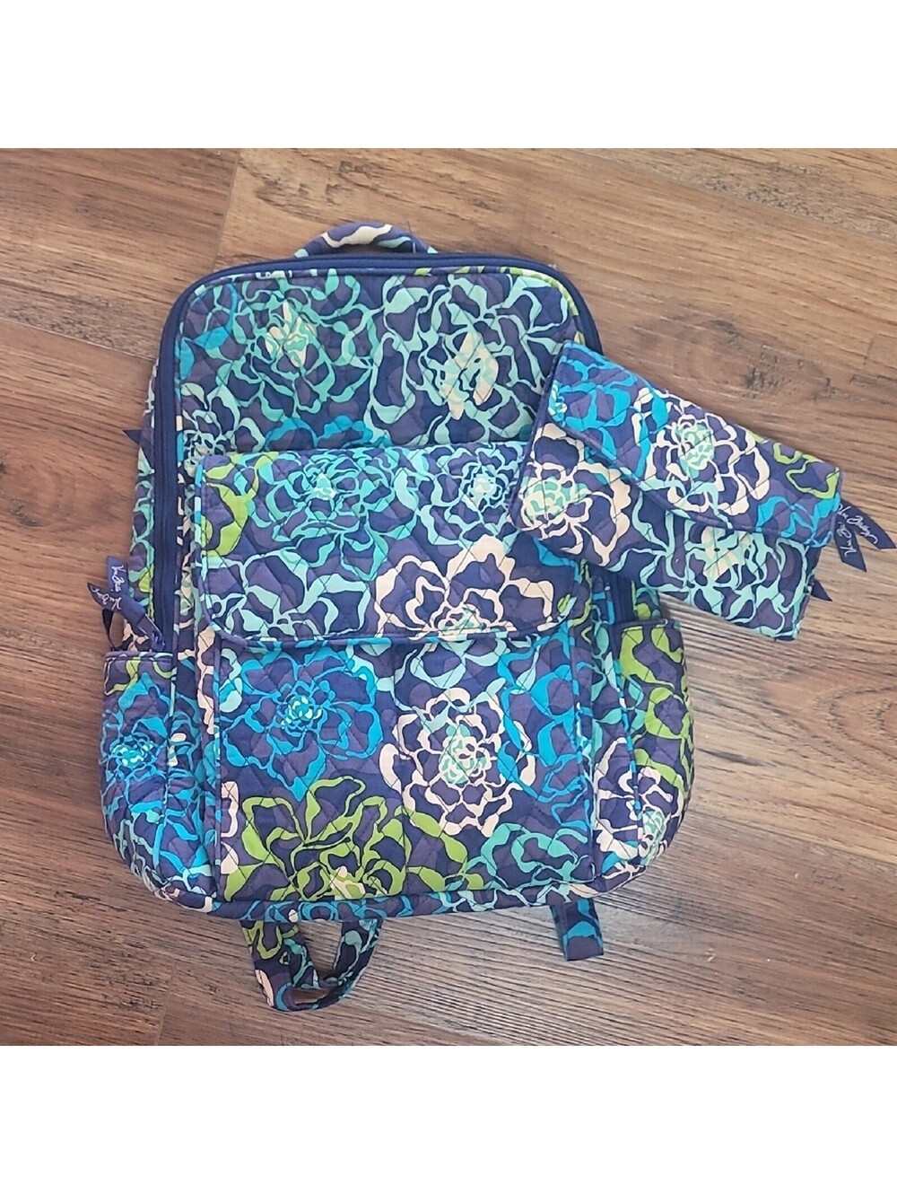 Vera Bradley Backpack & Wallet Set, Underwater Floral Pattern, Navy, Blue, Green